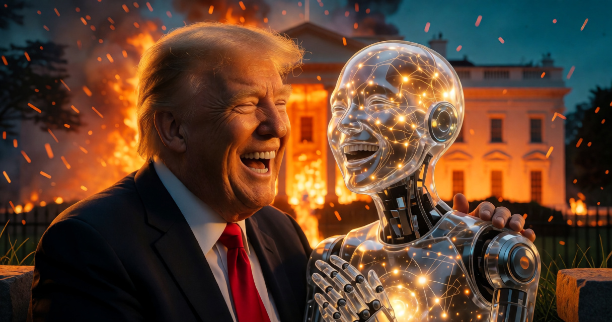 Трамп с ярко освещённым лицом и прозрачный робот смеются на фоне горящего Белого дома